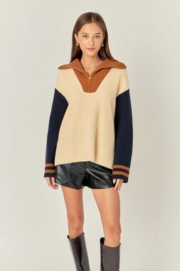 English Factory Colorblock Knit Sweater Women Small Cream Navy 1/4 Zip Ribbed